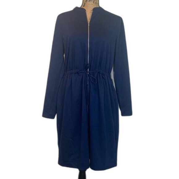 Liz Claiborne Knit Midi Dress Size L Long Sleeve Pocket Downstring Full Zip Blue - Picture 1 of 12